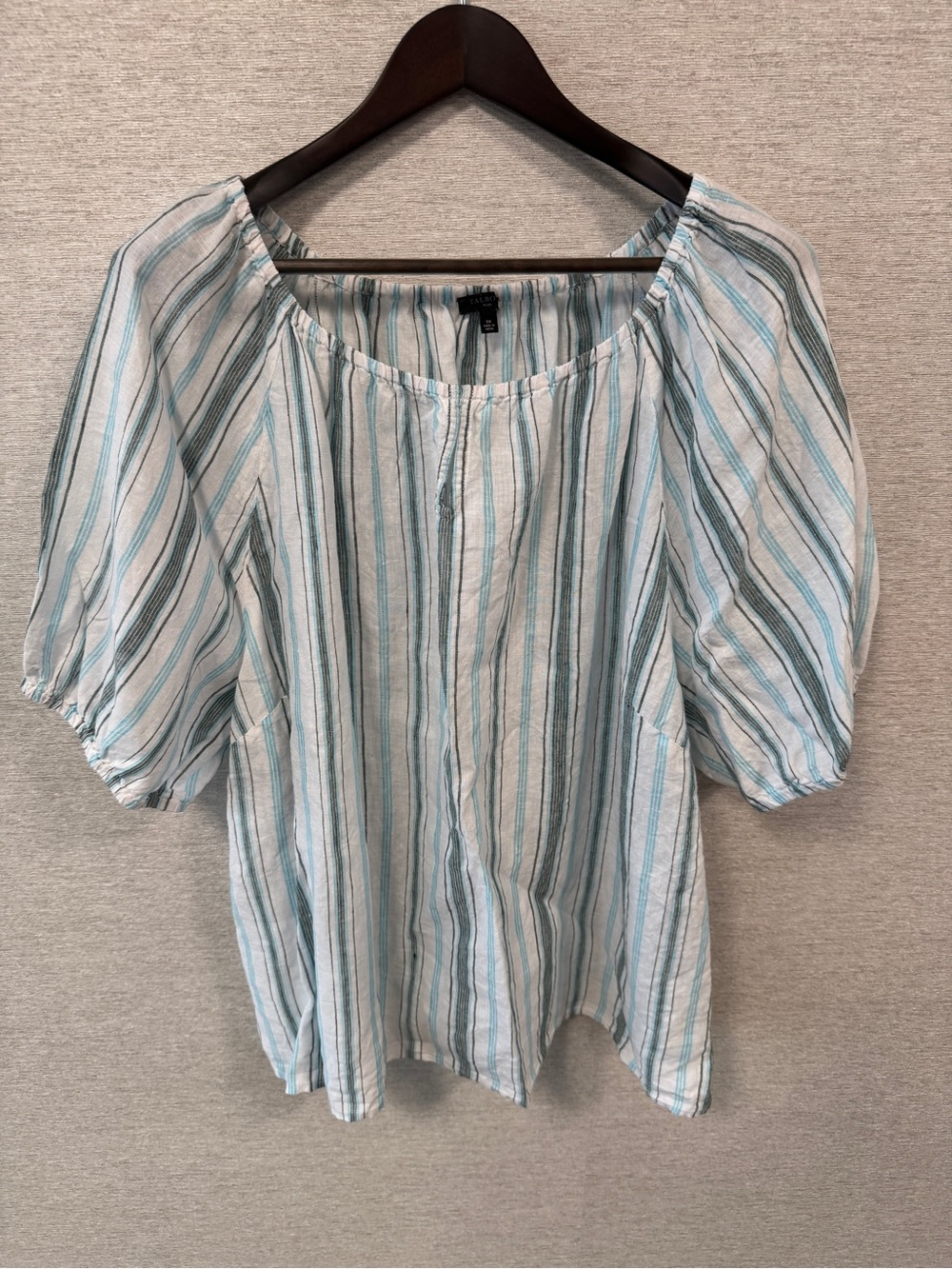 Talbots Striped Puff-Sleeve LinenBlouse - Teal & White